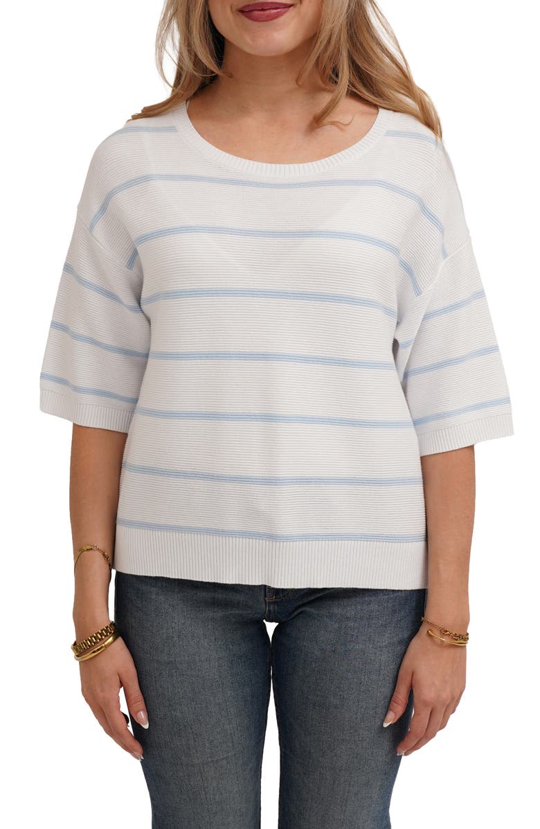 CYRUS Striped Short Sleeve Sweater, Main, color, White/ Ice Sky