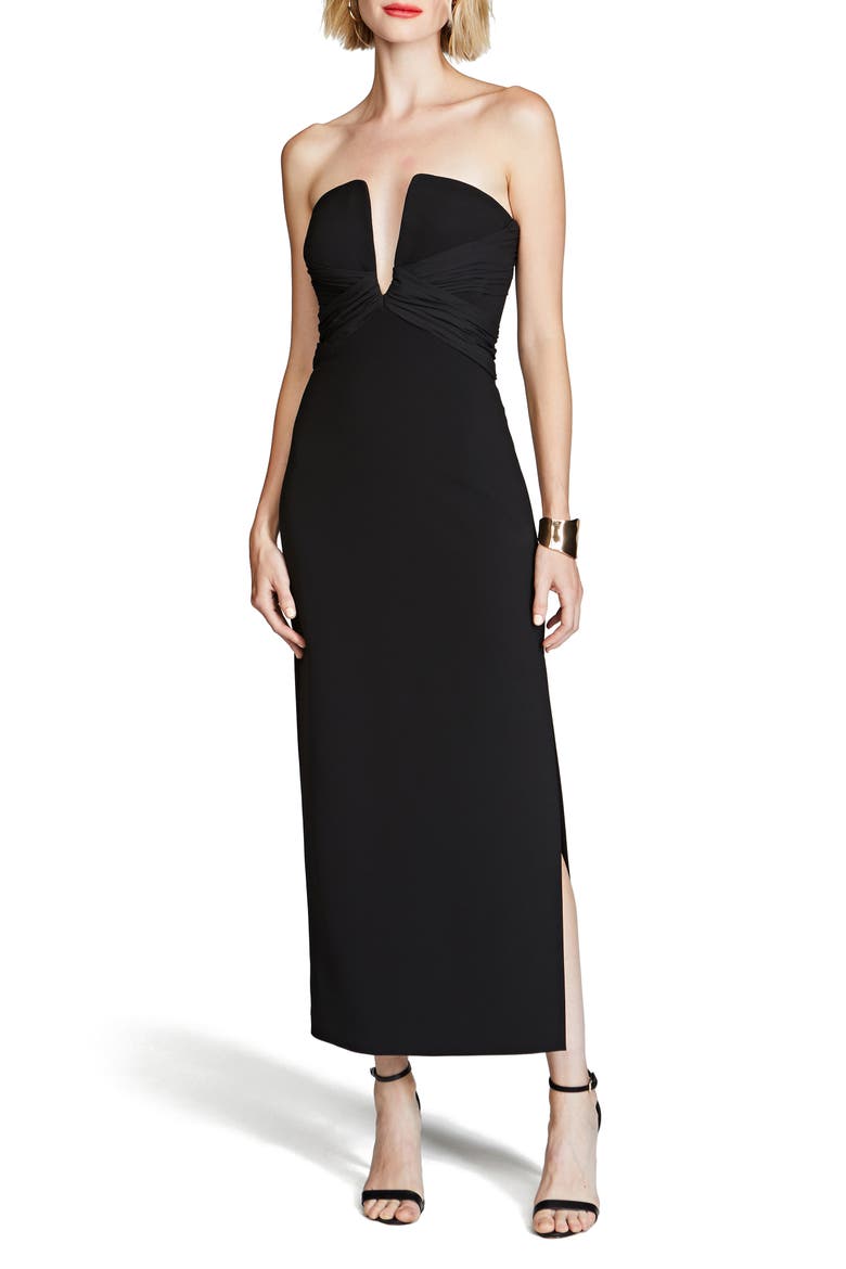 Marguerite Strapless Cotton Blend Crepe Midi Dress, Main, color, BLACK