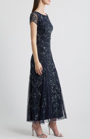 Beaded Mesh Midi Cocktail Dress