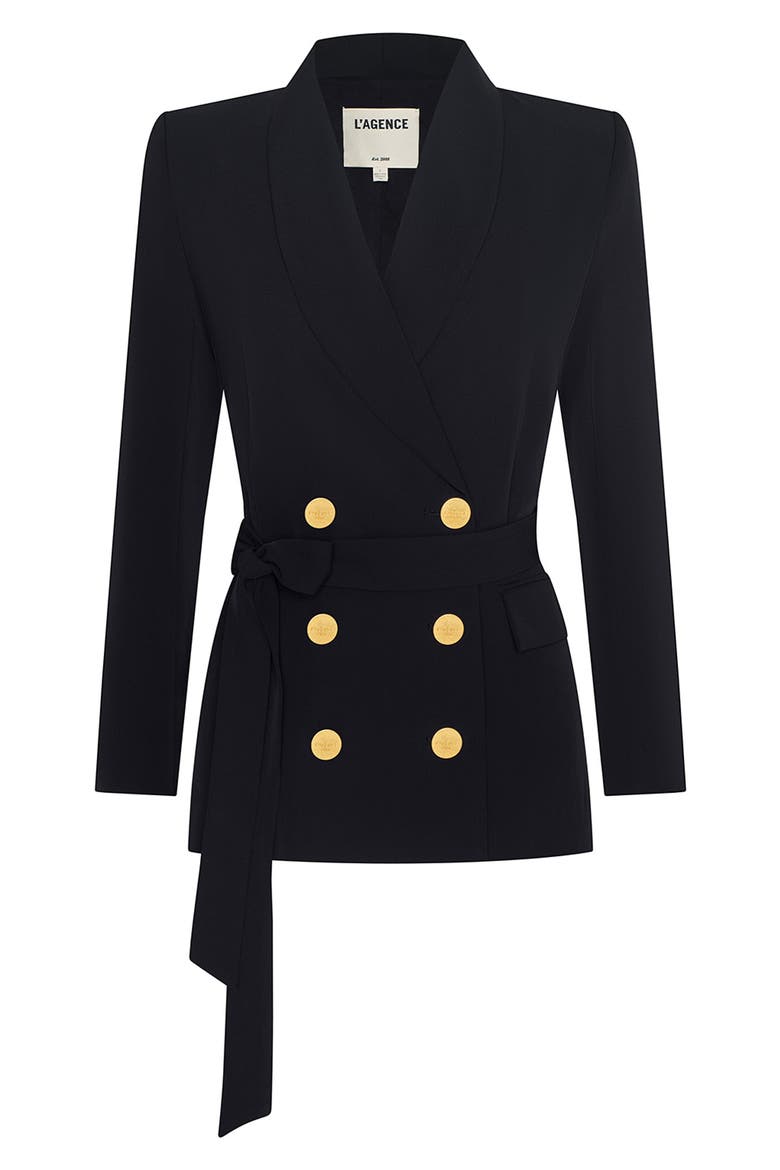 Aven Wrap Tie Waist Double Breasted Blazer, Alternate, color, BLACK