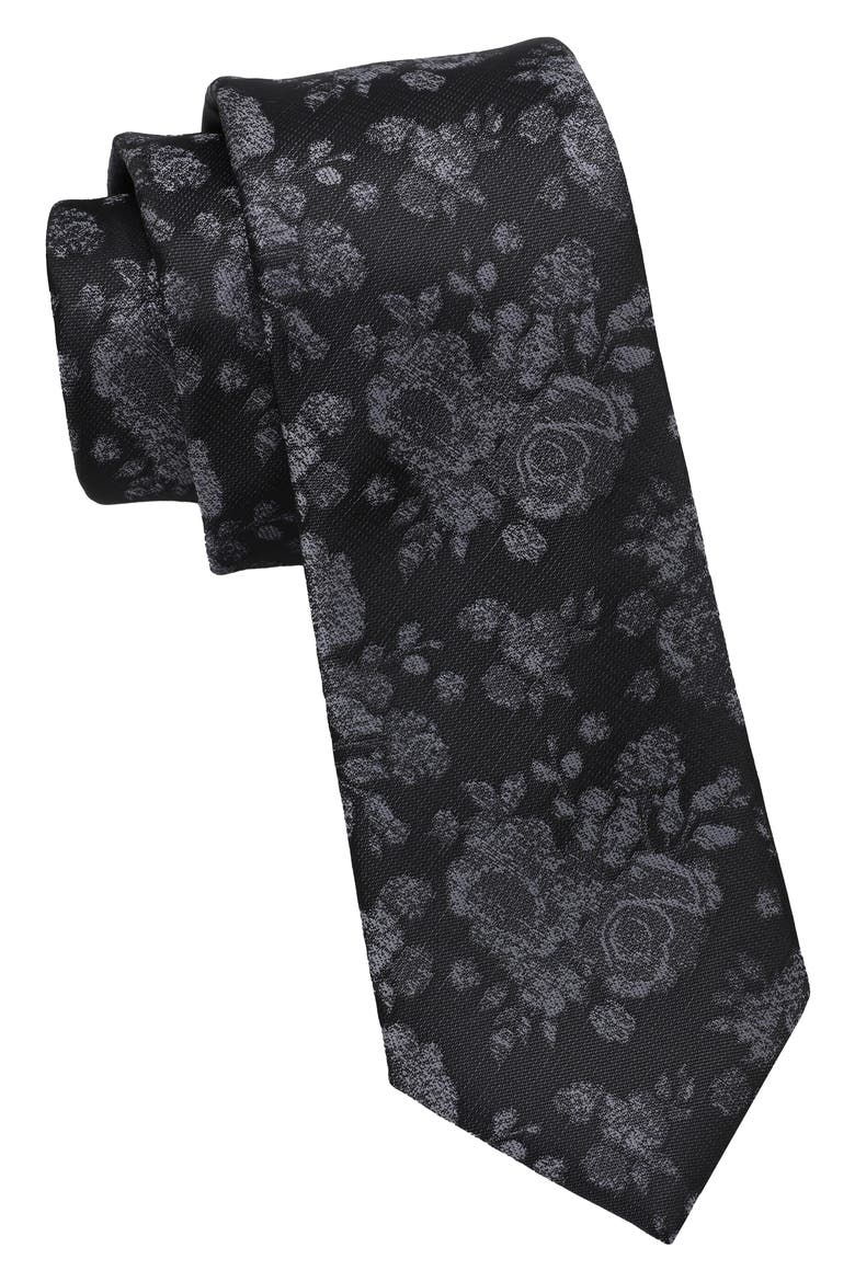 Photo Print Floral Tie, Main, color, BLACK/ GREY