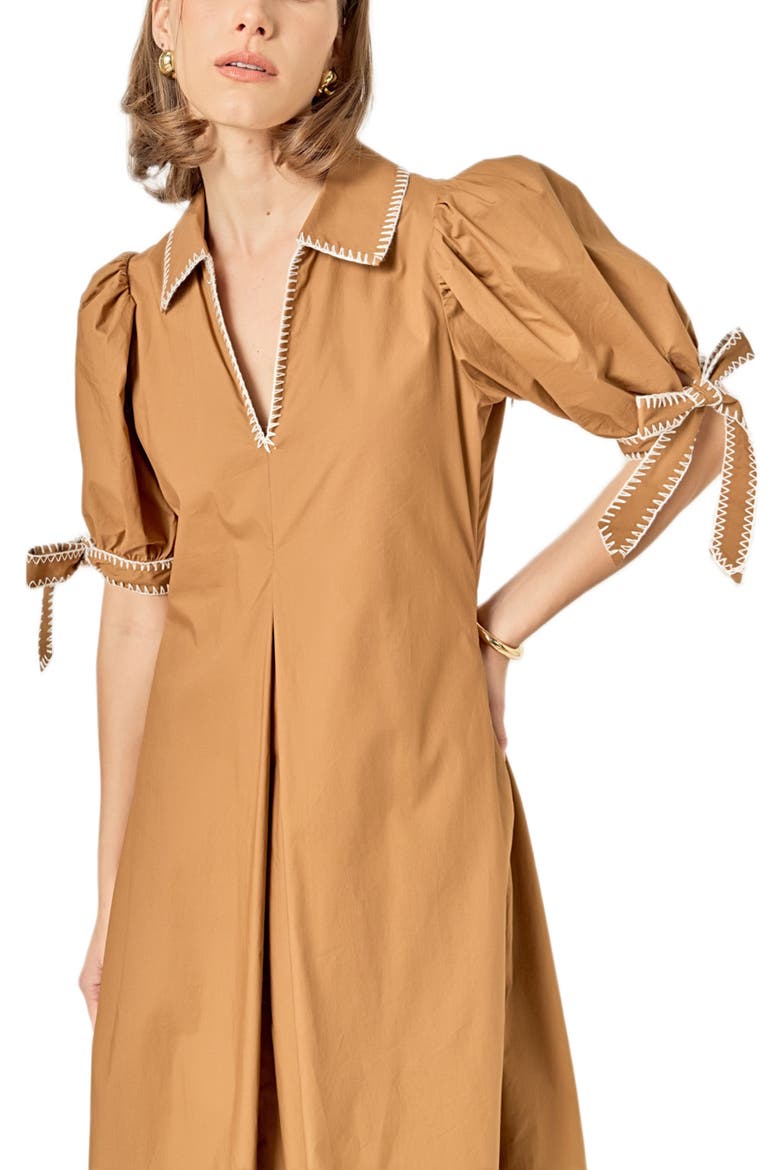 Contrast Stitch A-Line Midi Dress, Alternate, color, BROWN
