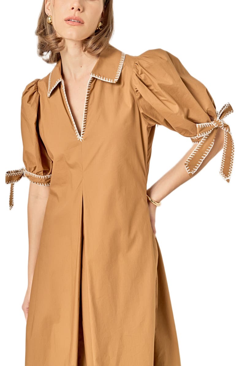 English Factory Contrast Stitch A-Line Midi Dress, Alternate, color, Brown