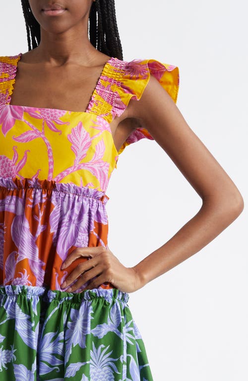 Farm Rio Multicolor Dress With All-over Floral Motif And Ruffled Skirt In Yellow Multi