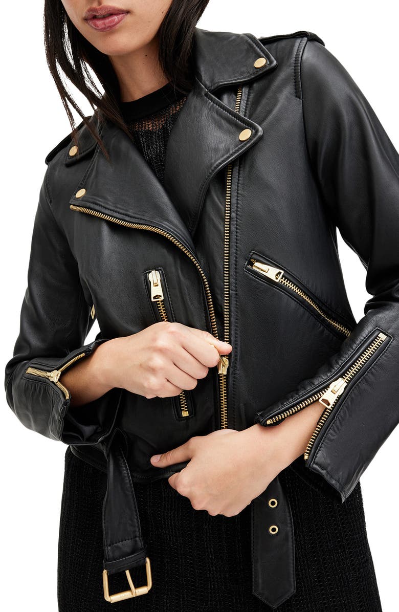 AllSaints Balfern Leather Biker Jacket, Alternate, color, Black/ Gold