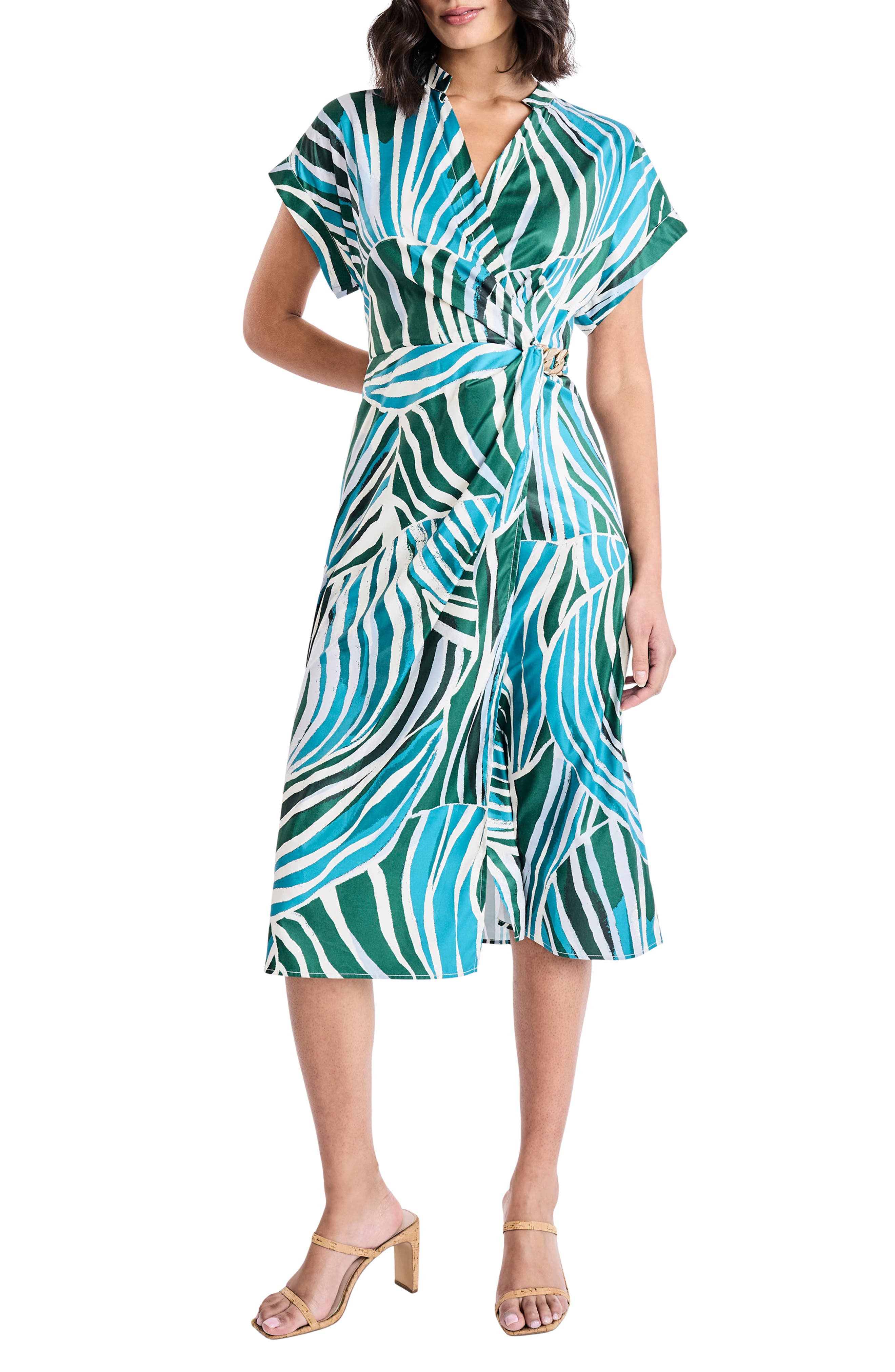 Maggy London Cap Sleeve Chain Detail Faux Wrap Midi Dress