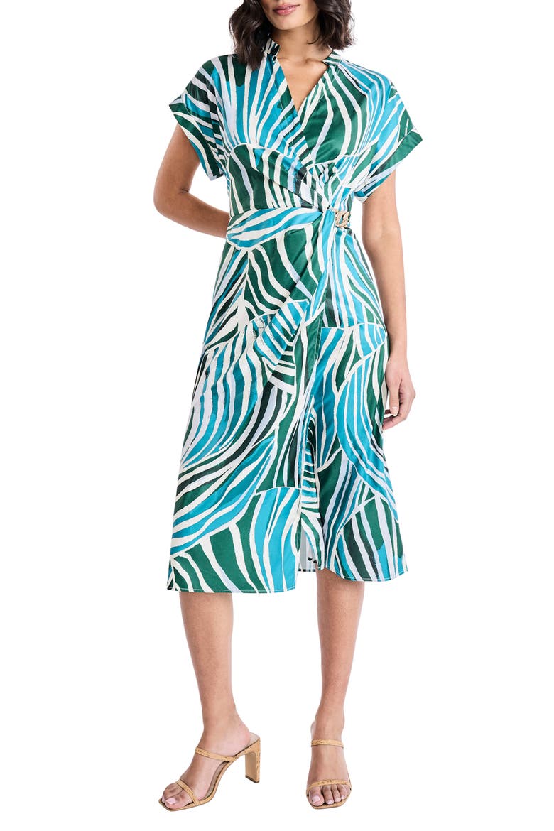 Cap Sleeve Chain Detail Faux Wrap Midi Dress, Main, color, CREAM/ TEAL