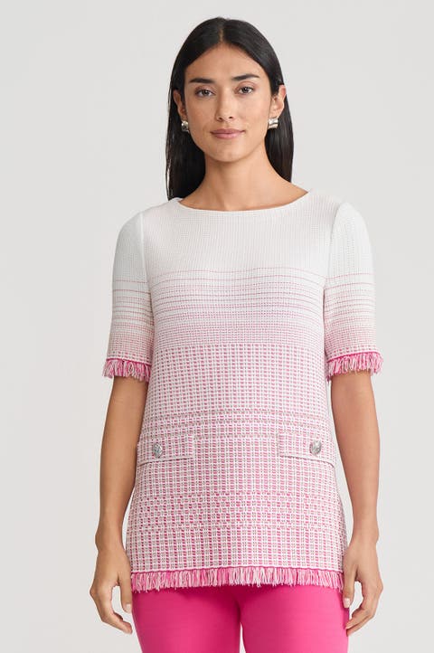 Ombre Fringe Trim Jacquard Knit Tunic