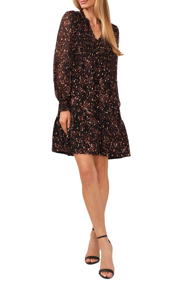 Print Smocked Long Sleeve Dress, Main, color, RICH BLACK