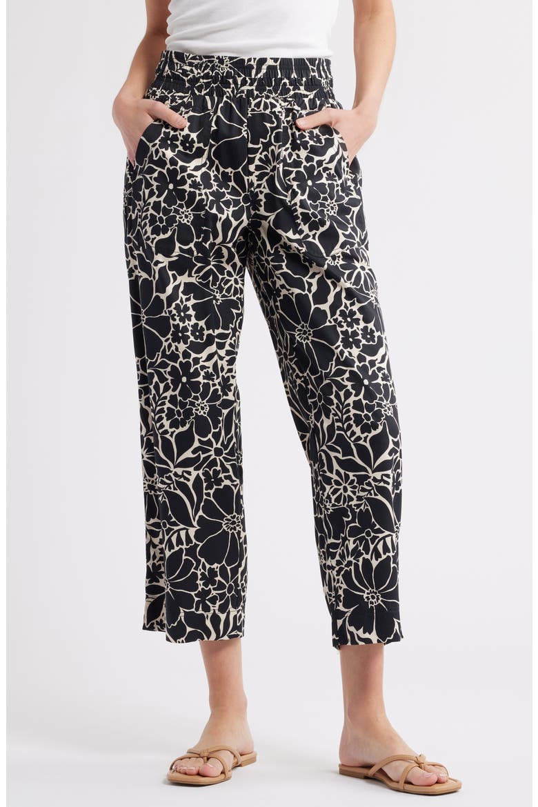 Floral Cotton Blend Crop Pants, Main, color, BLACK OFF WHITE