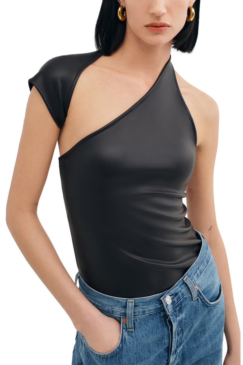 Milan One Shoulder Faux Leather Top, Alternate, color, BLACK