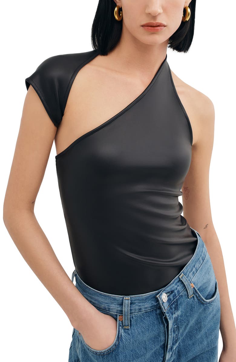 Two Lines by Marcella Milan One Shoulder Faux Leather Top, Alternate, color, Black