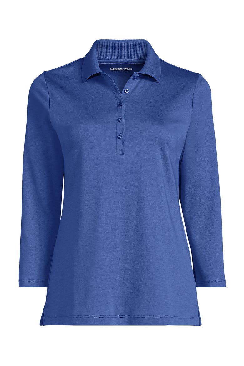 Plus Size Supima Cotton 3/4 Sleeve Polo Shirt, Alternate, color, Muted Cobalt Blue