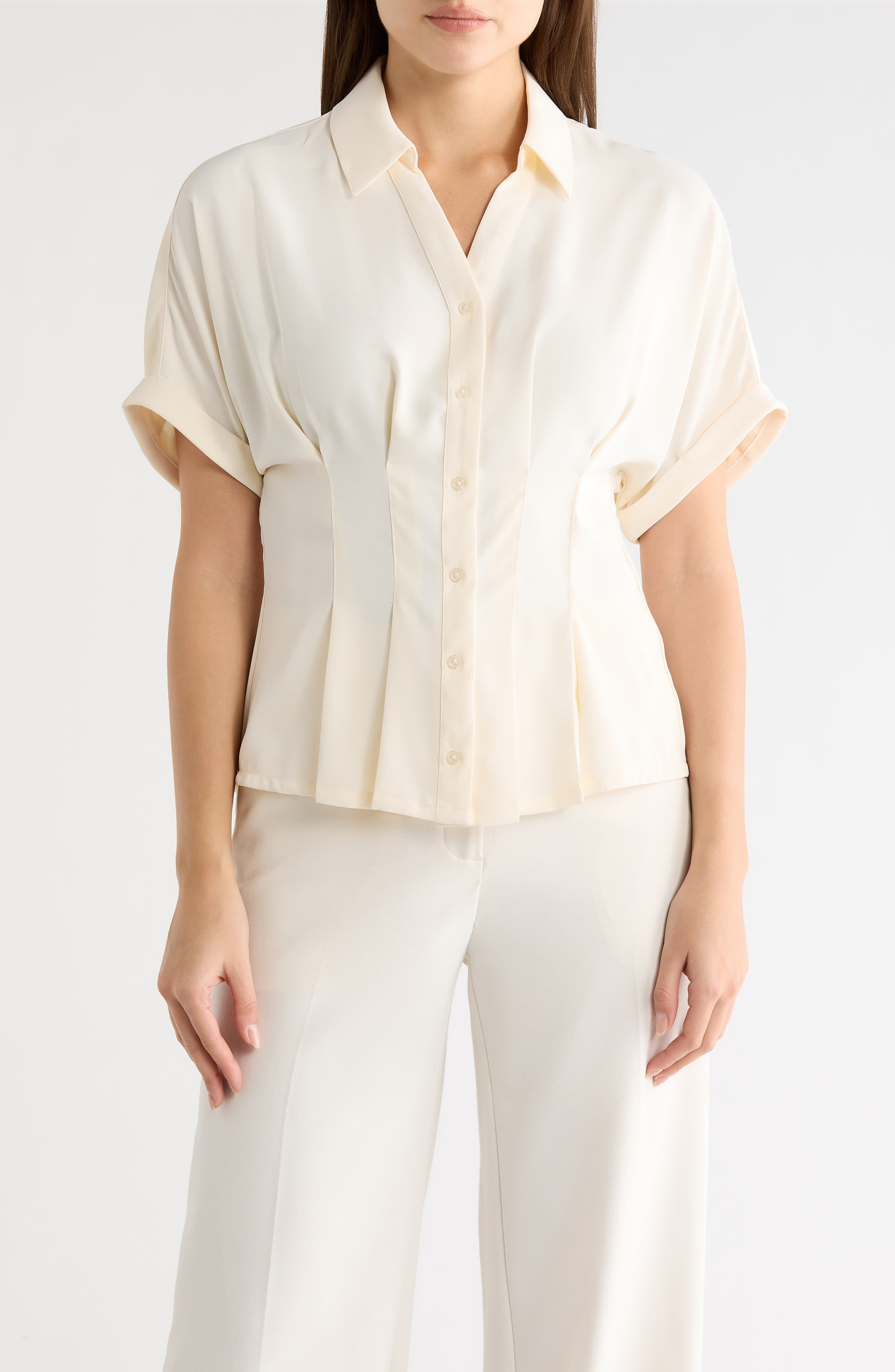 Pleated Waist Short Sleeve Button-Up Shirt