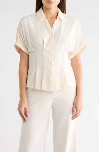 Pleated Waist Short Sleeve Button-Up Shirt