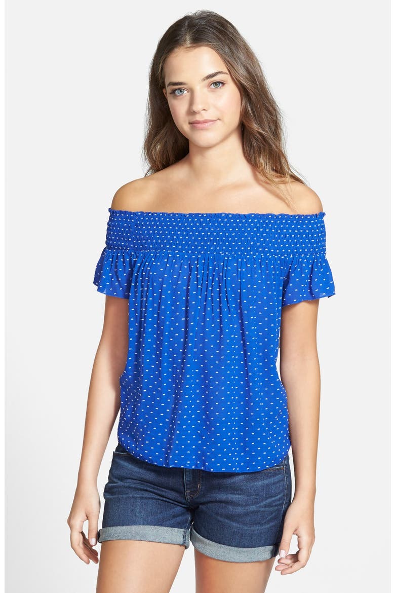 Smocked Print Off-the-Shoulder Top, Main, color, BLUE MAZARINE DOT