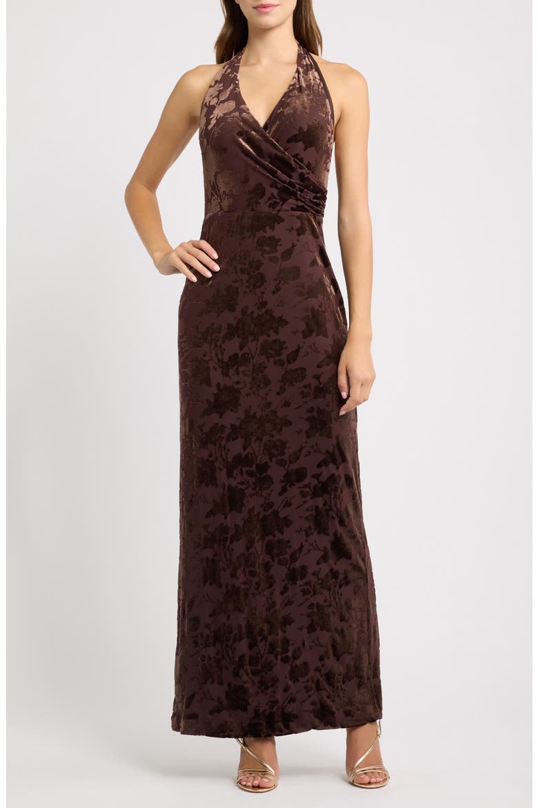 Floral Burnout Halter Neck Maxi Dress, Main, color, COFFEE BEAN