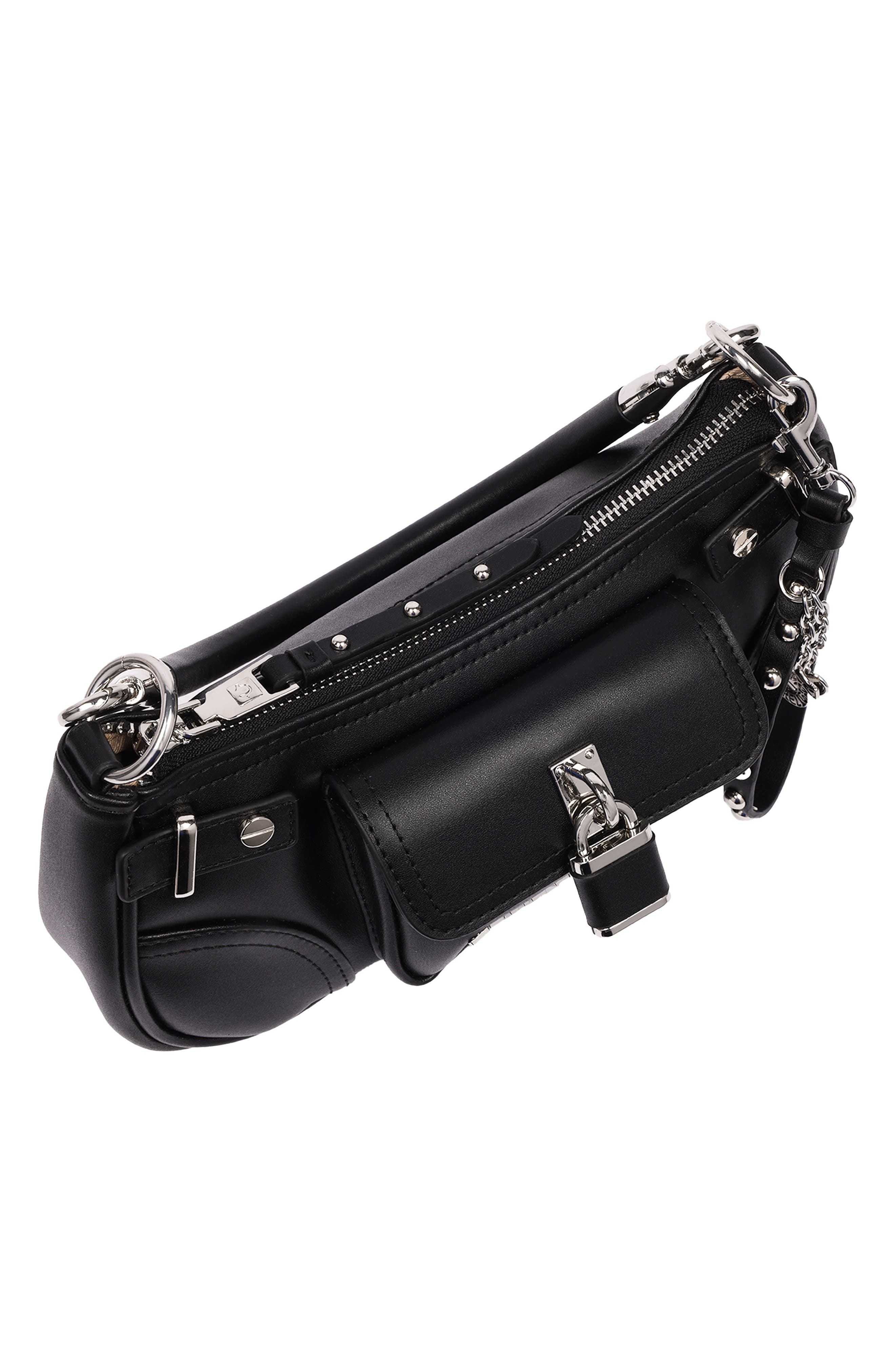 Moto Faux Leather Shoulder Bag, Alternate, color, BLACK