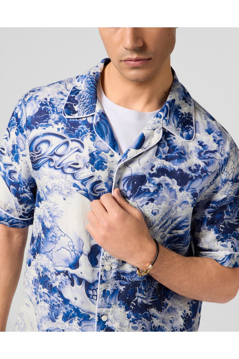Linen Bowling Shirt All-Over Ceramic Men, Alternate, color, navy
