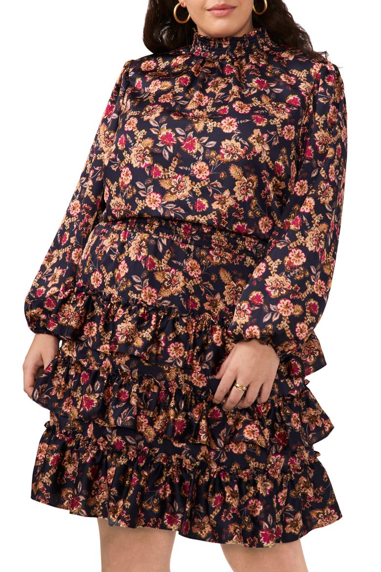 Floral Print Long Sleeve Minidress, Alternate, color, WOODBLOCKFLORAL