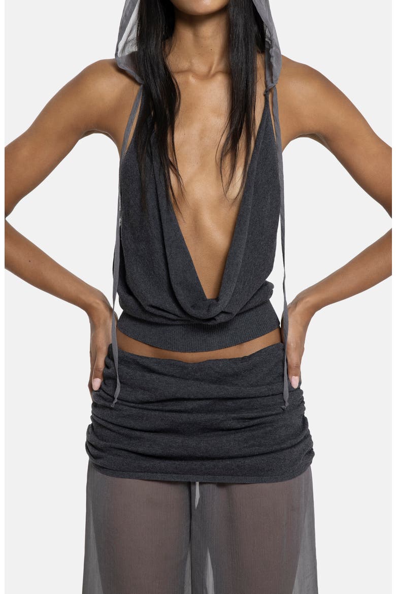 Plunge Neck Knit Chiffon Hooded Top, Alternate, color, GREY