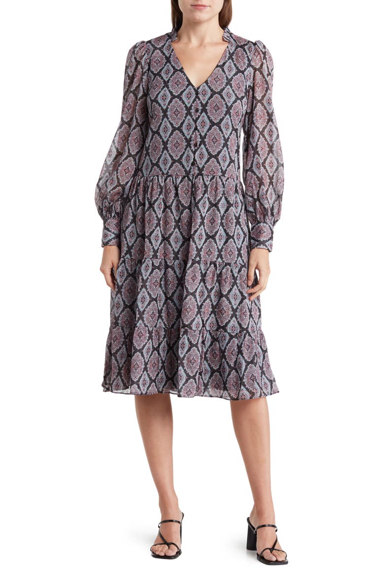 Long Sleeve Tiered Shift Dress, Main, color, BLACK/MULT