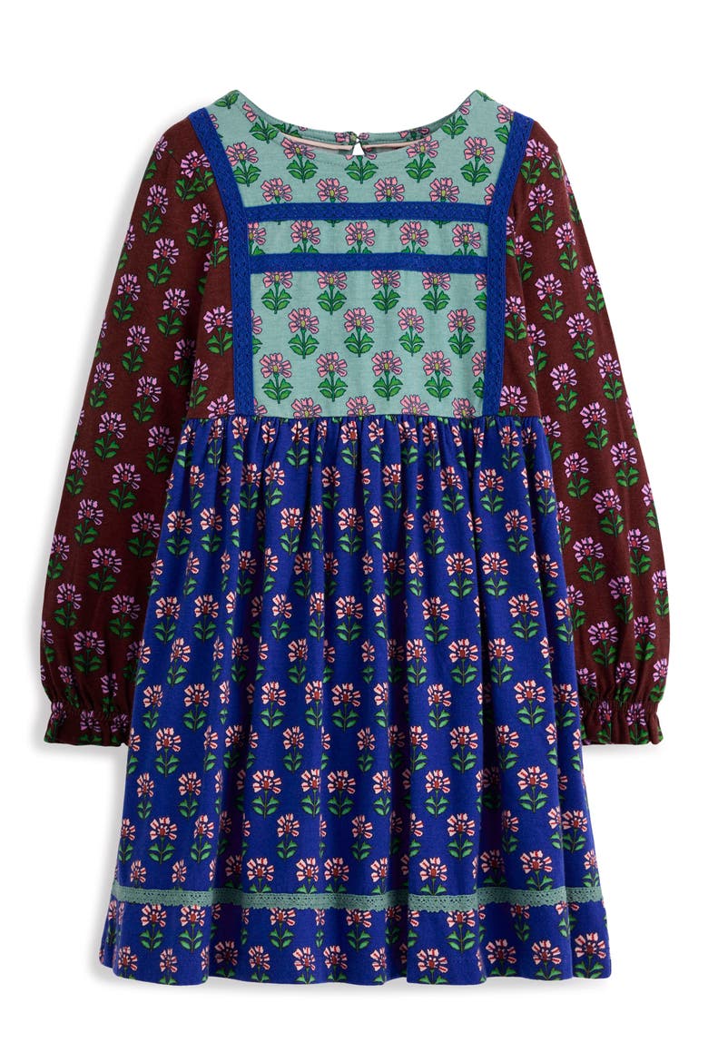 Kids' Floral Print Cotton Jersey Dress, Main, color, BRIGHT BLUE WOODBLOCK FLOWER