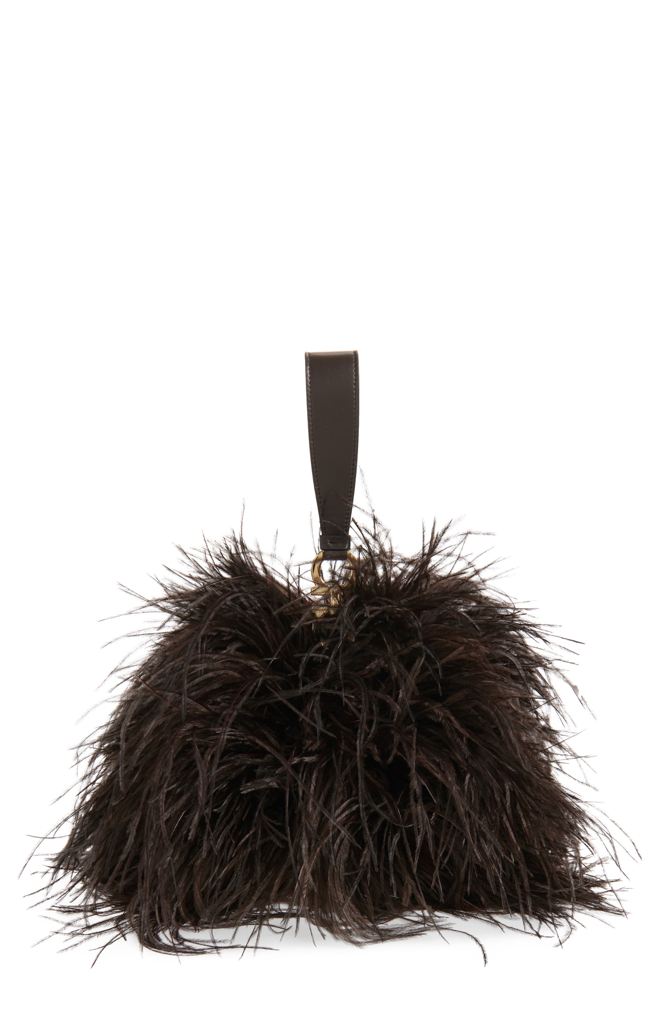 FERRAGAMO Double Gancini Ostrich Feather & Leather Clutch, Main, color, T.moro Testa Di Moro 099