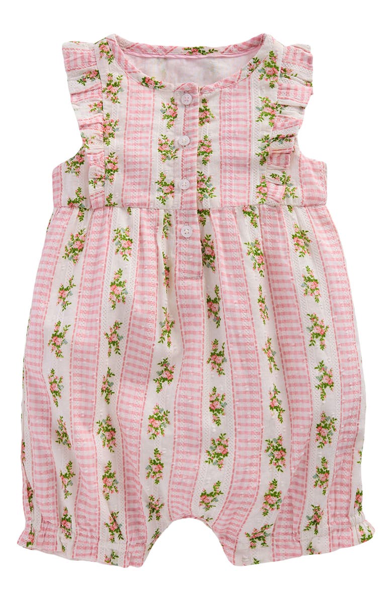 Mini Boden Short Frill Cotton Bubble Romper, Main, color, Pink Gingham Floral