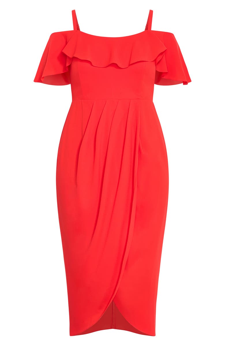 City Chic Flirtation Ruffle Off the Shoulder Cocktail Dress, Alternate, color, Tigerlily