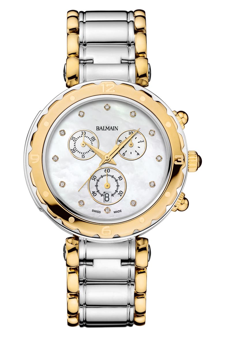 Balmainia Diamond Chronograph Bracelet Watch, 31mm, Main, color, STAINLESS STEEL