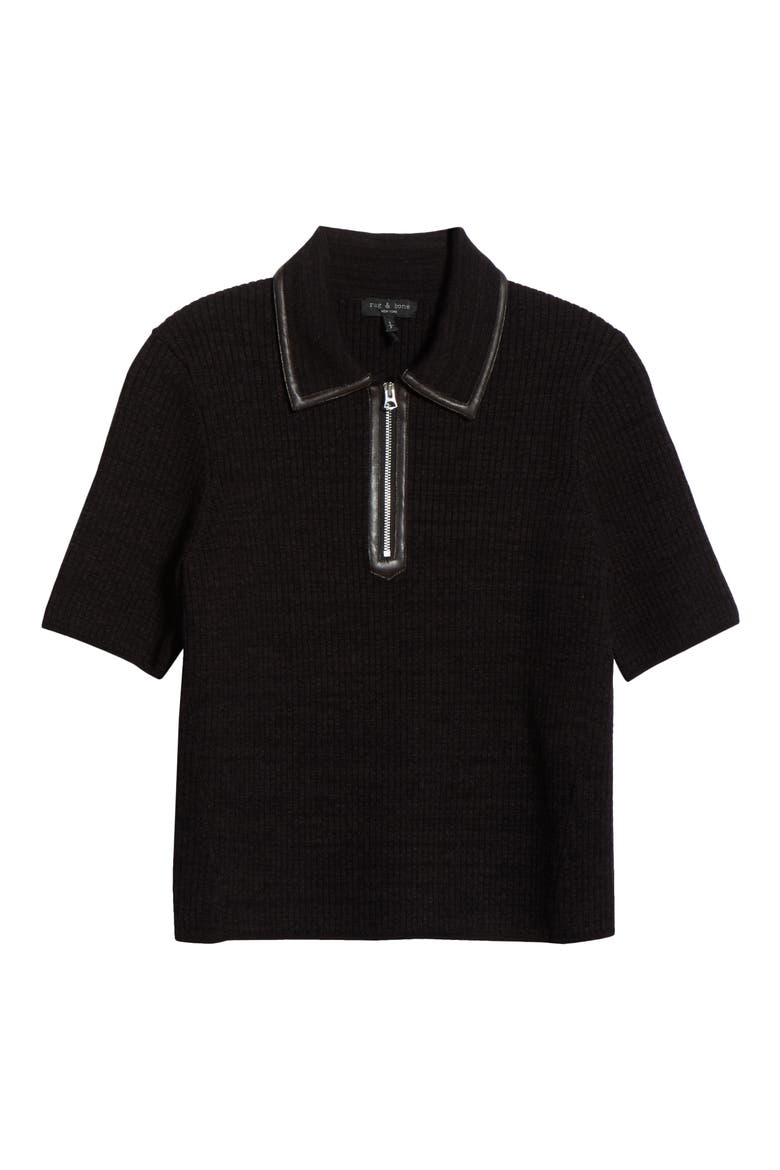 Caterina Faux Leather Piped Rib Wool Blend Sweater Polo, Alternate, color, DKBRN