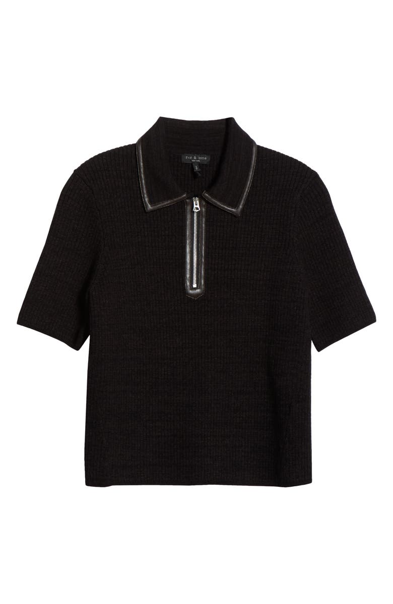 rag & bone Caterina Faux Leather Piped Rib Wool Blend Sweater Polo, Alternate, color, Dark Brown