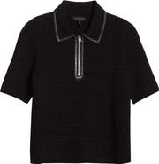 rag & bone Caterina Faux Leather Piped Rib Wool Blend Sweater Polo