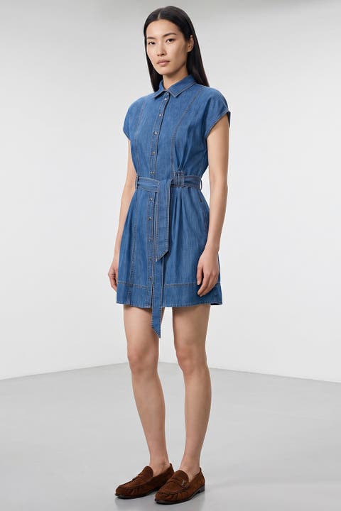 Belted Short Sleeve Denim Mini Dress With Pockets
