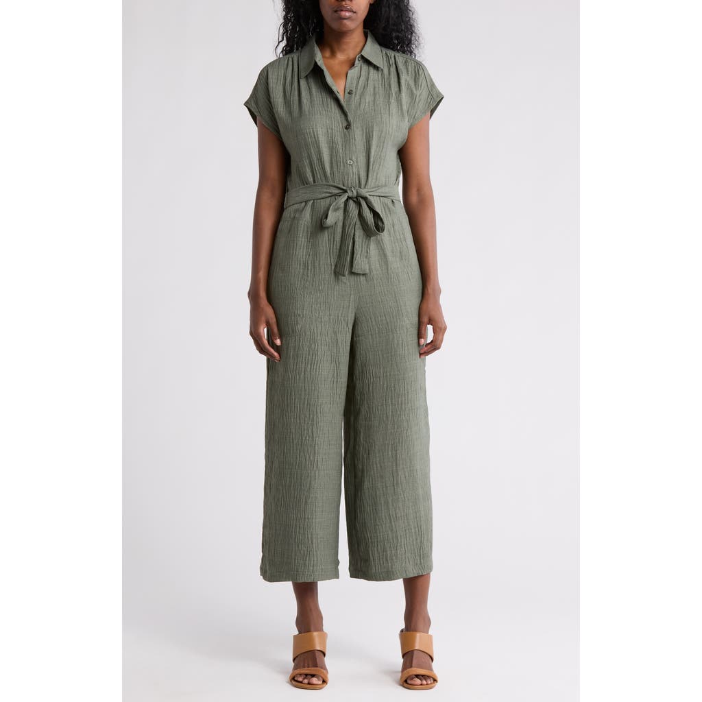 Max Studio Collared Short Sleeve Tie Waist Jumpsuit In Moss