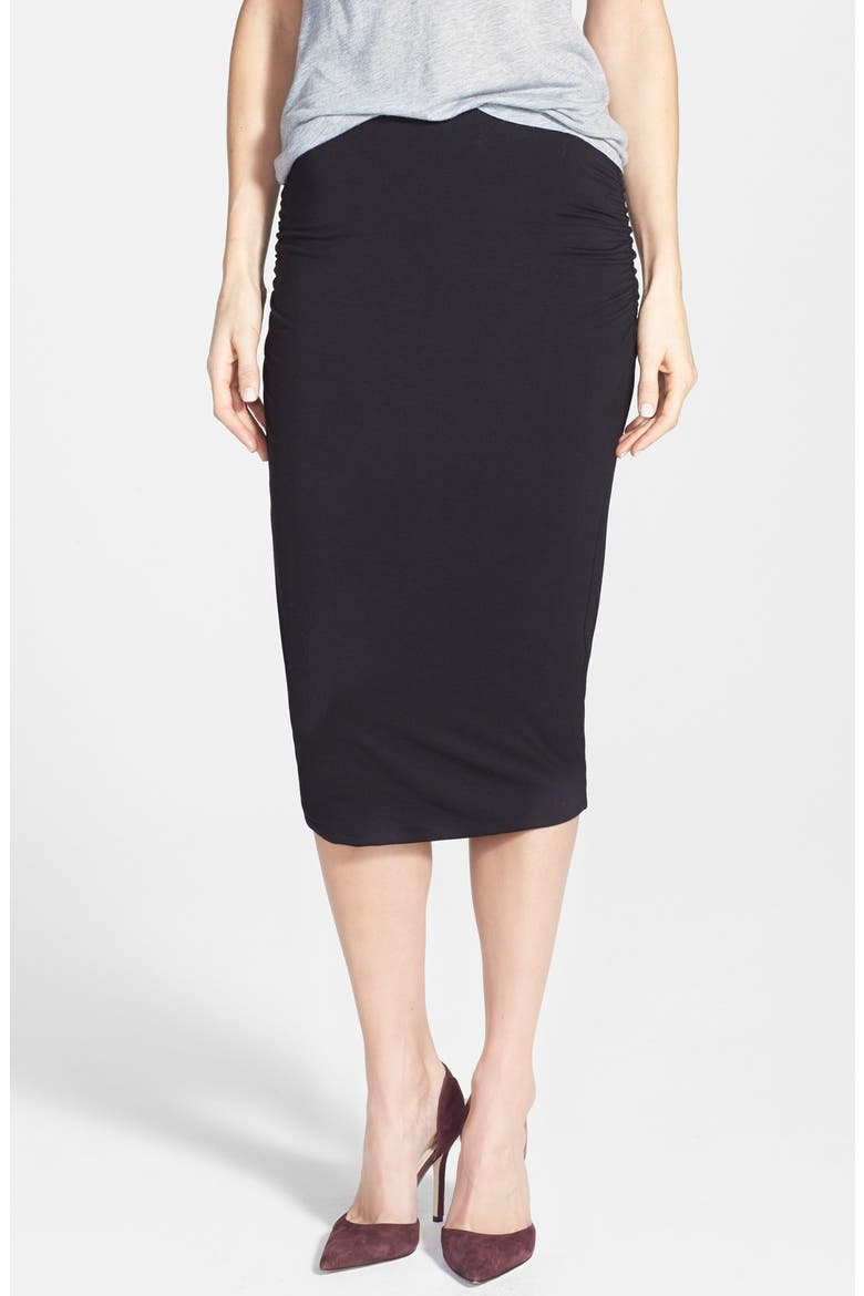 Side Ruched Stretch Knit Midi Skirt, Main, color, BLACK