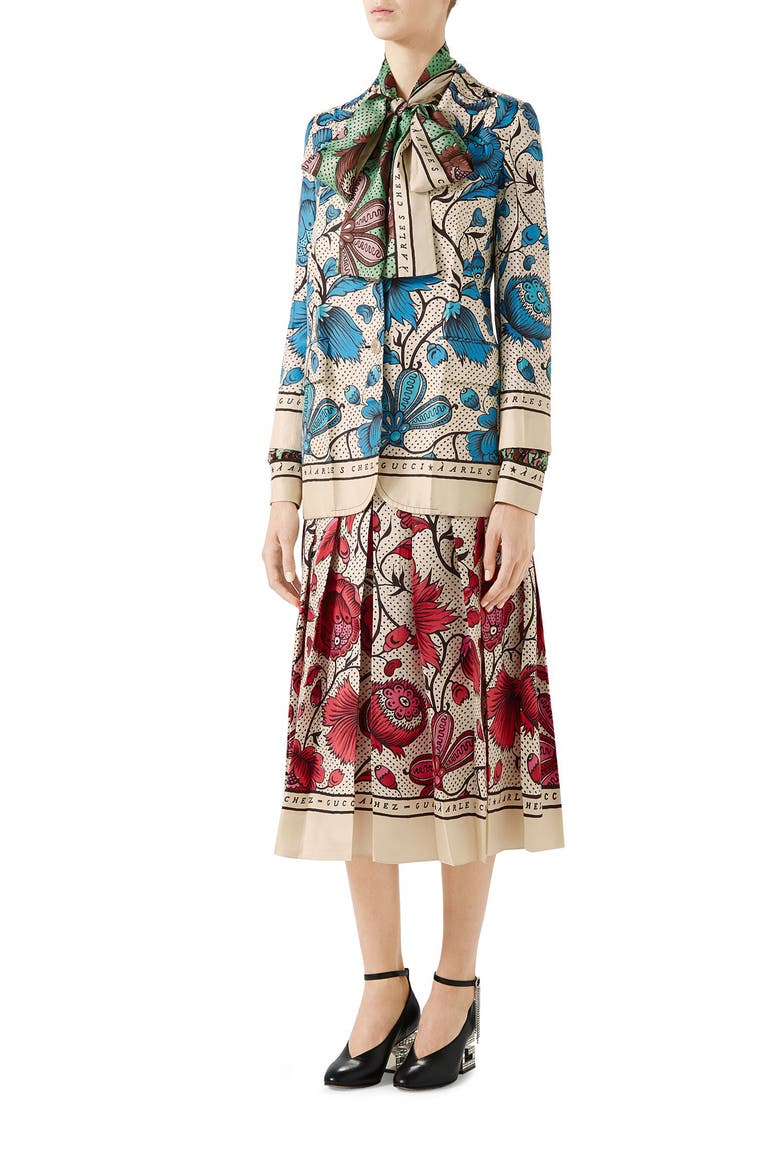Watercolor Floral Print Pleated Silk Twill Midi Skirt, Alternate, color, FUCHSIA/ IVORY PRINT