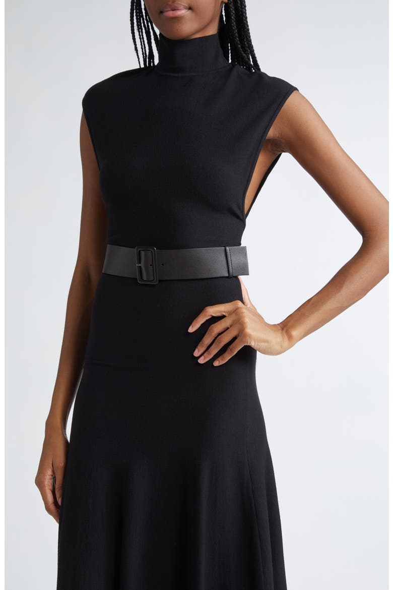 Turtleneck Jersey Belted Dress, Alternate, color, NOIR ALAIA