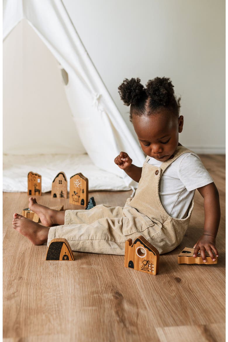 Woodland Village Building Blocks with Houses, Trees & Animals, Alternate, color, Natural Bamboo