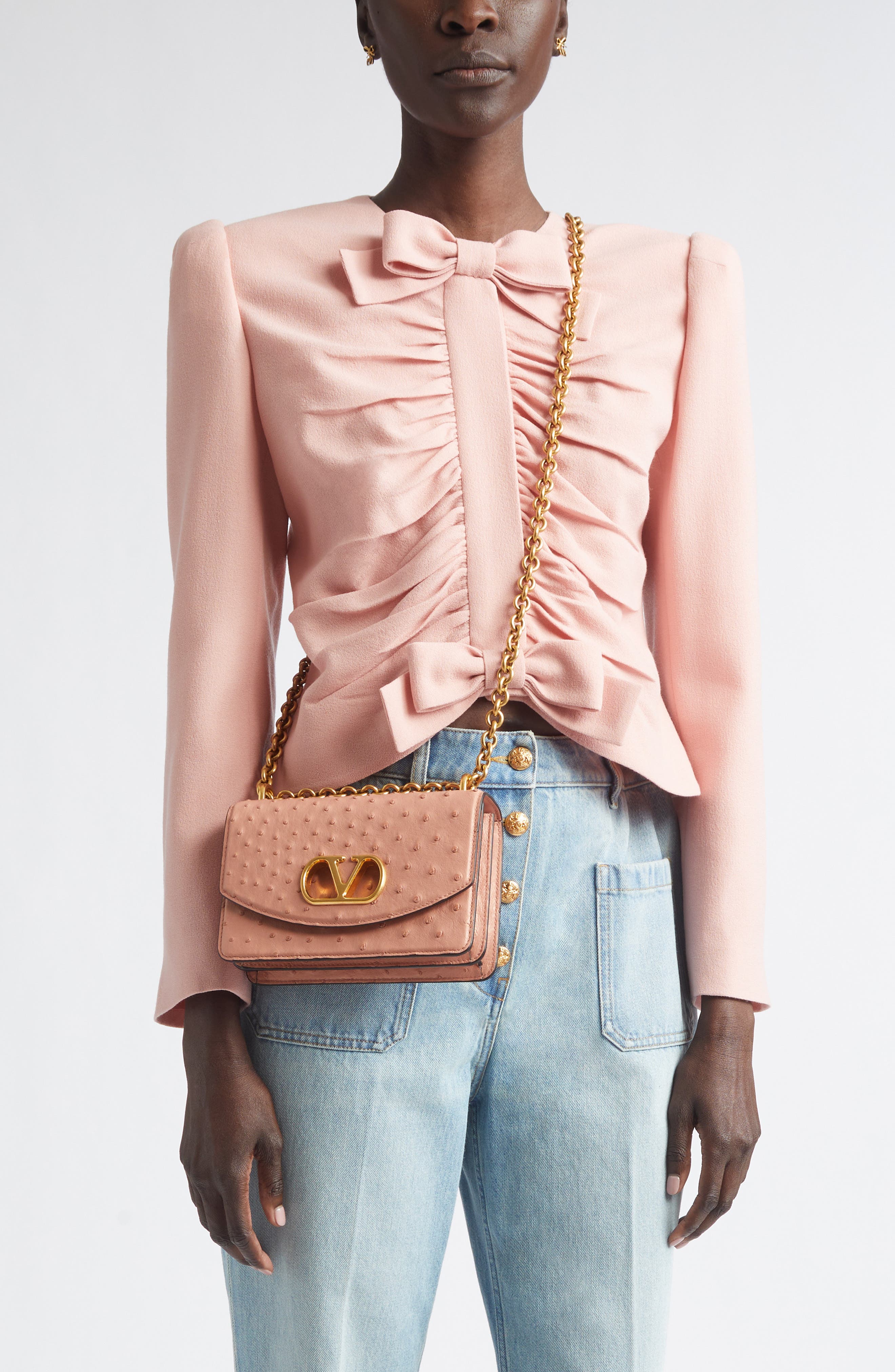 Valentino Garavani Small DeVain Ostrich Leather Shoulder Bag, Alternate, color, Pink