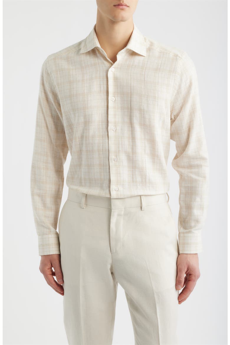 Edgemont Plaid Cotton & Linen Button-Up Shirt, Main, color, TAN