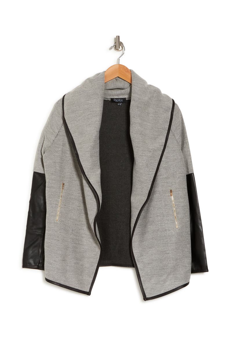 Faux Leather Contrast Cardigan, Alternate, color, STONE