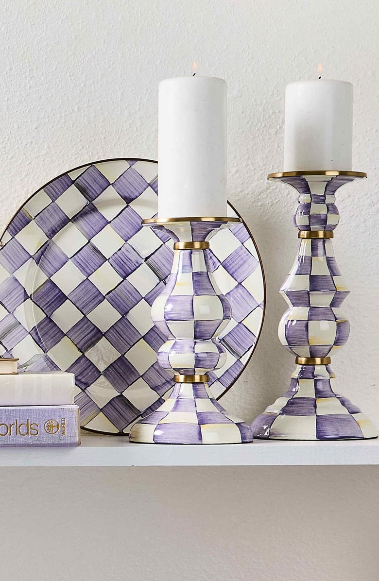 MACKENZIE CHILDS Violet Check Medium Pillar Candleholder, Alternate, color, Violet