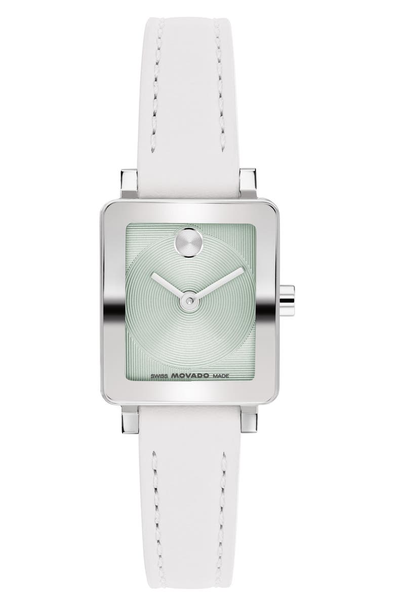 Movado Mini Bold Evolution 2.0 Tank Leather Strap Watch, 20mm x 23mm, Main, color, Green