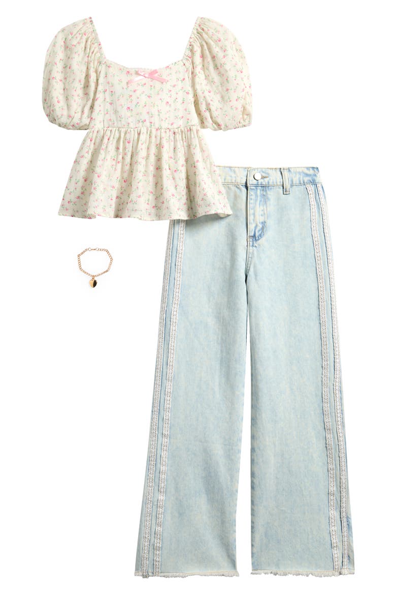 Kids' Floral Puff Sleeve Top, Wide Leg Jeans & Bracelet Set, Main, color, IVORY
