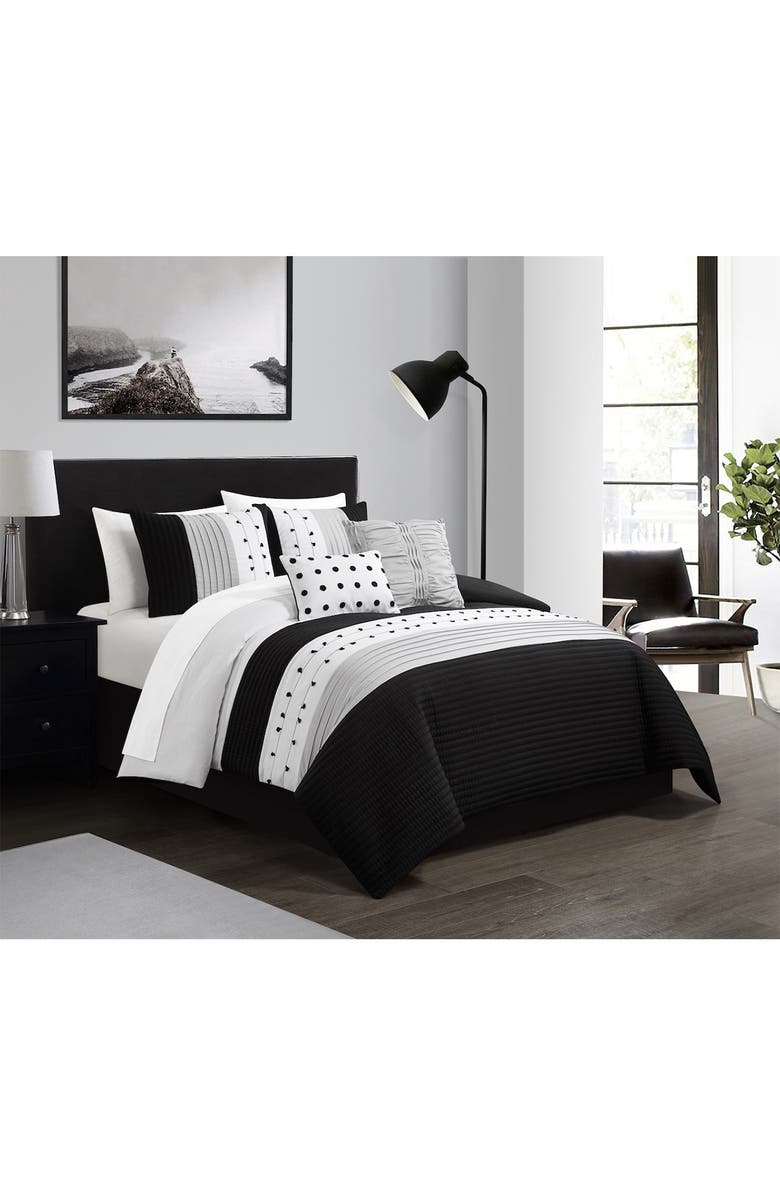 CHIC Lannie Color Block Pleated Embroidered Design King Comforter Set - Black - 5-Piece Set, Main, color, 