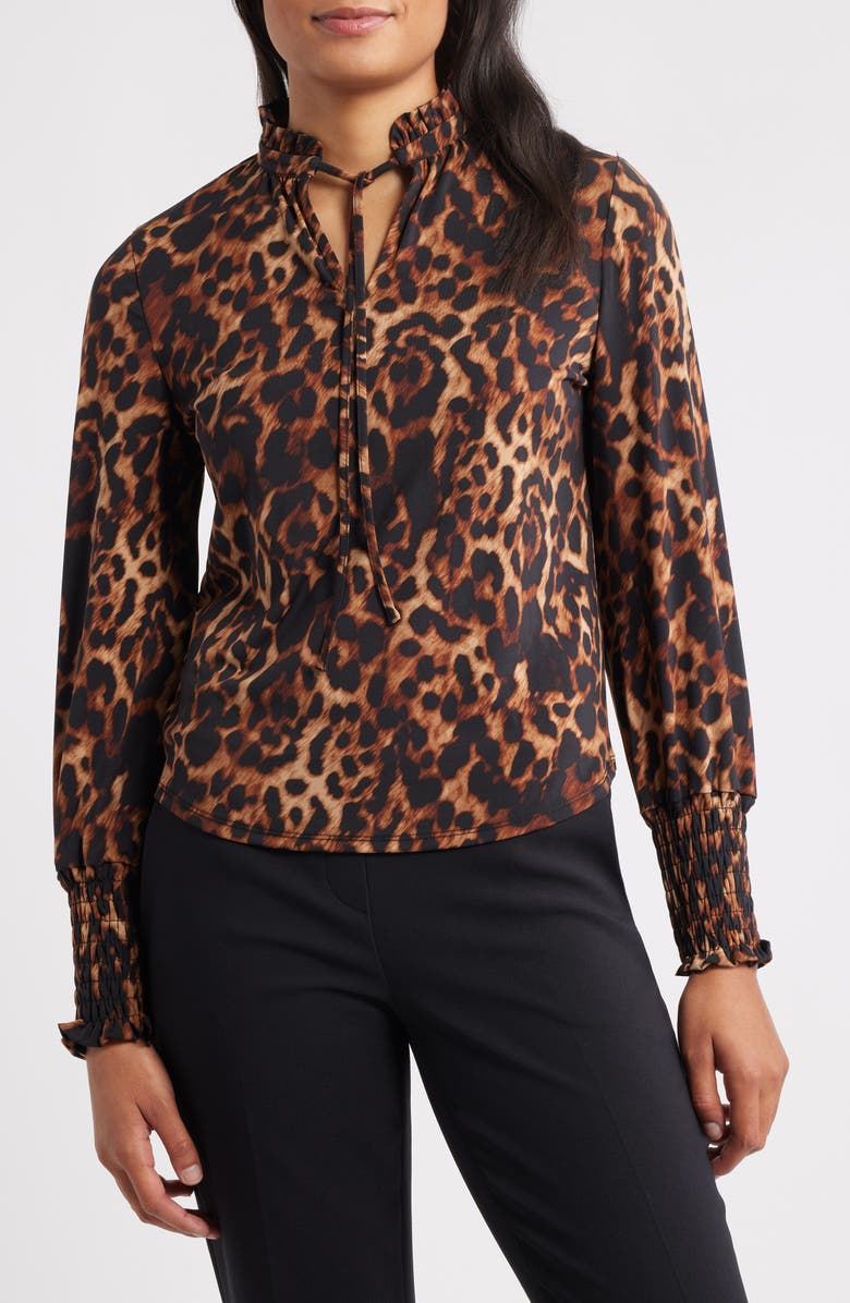 Anne Klein Leopard Print Split Neck Smocked Cuff Top, Main, color, 