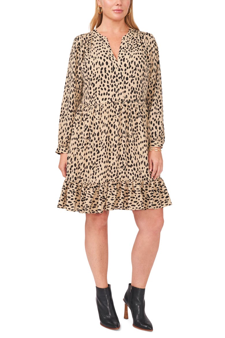 Ruffle Animal Spot Long Sleeve Dress, Main, color, KHAKI HAZE