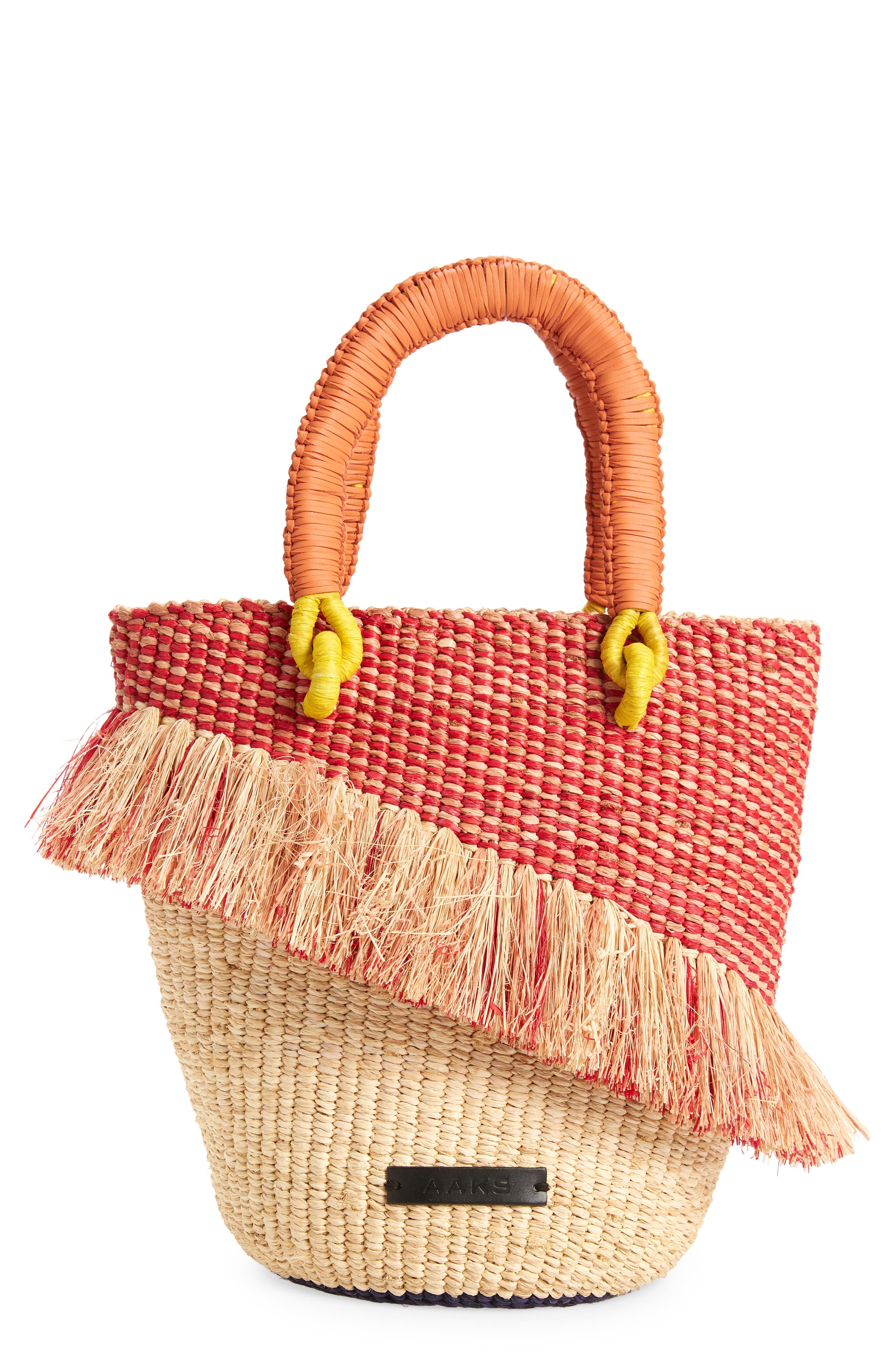 Tia Woven Raffia Bucket Bag, Main, color, NATURAL/ RED